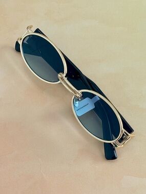 Anthropologie Gold Frame Oval Sunglasses with Smoke Blue Lenses